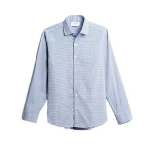 Mens Shirt XXL Slim Blue White Plaid Performance Dress Shirt